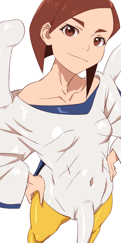 1girl, aonori_misuji, asymmetrical_hair, blunt_ends, bob_cut, breasts, brown_eyes, brown_hair, closed_mouth, collarbone, commentary, costume, covered_navel, eizouken_ni_wa_te_wo_dasu_na!, fake_tail, fins, fish_tail, foreshortening, from_above, hands_on_own_hips, inverted_bob, light_smile, looking_at_viewer, looking_up, manta_ray, manta_ray_girl, mizusaki_tsubame, short_hair, simple_background, skin_tight, small_breasts, smug, solo, standing, swept_bangs, tail, thick_eyebrows, white_background