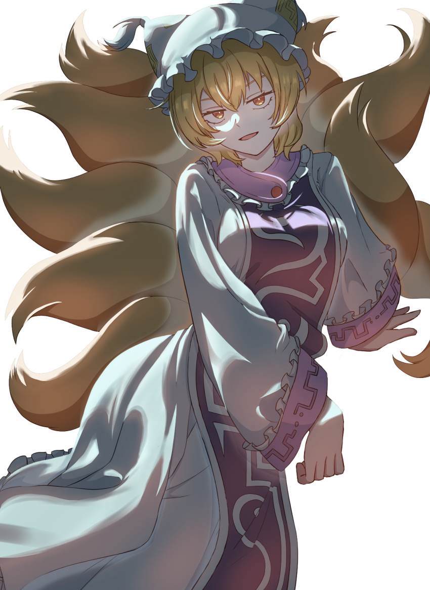 1girl, animal_ears, blonde_hair, blue_tabard, commentary_request, dress, fox_ears, fox_girl