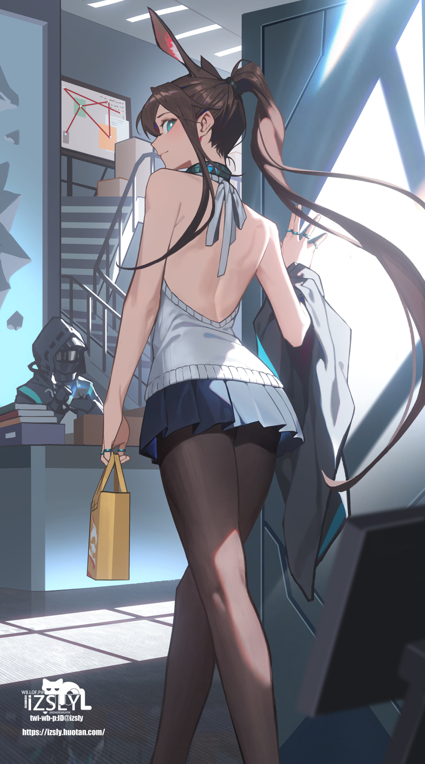 1boy, 1girl, absurdres, amiya_(arknights), animal_ears, arknights, artist_name, backless_outfit, backless_shirt, black_pantyhose, blue_eyes, blue_skirt, brown_hair, casual, chinese_commentary, commentary_request, doctor_(arknights), high_ponytail, highres, hood, hooded_jacket, izsly, jacket, jewelry, long_hair, looking_at_viewer, looking_back, male_doctor_(arknights), pantyhose, pleated_skirt, ponytail, rabbit_ears, rabbit_girl, ring, shirt, skirt, sleeveless, sleeveless_shirt, virgin_killer_sweater