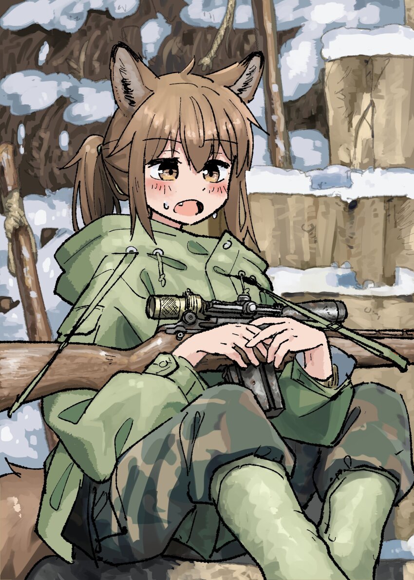 1girl, absurdres, animal_ears, brown_eyes, brown_hair, fang, fox_ears, fox_girl