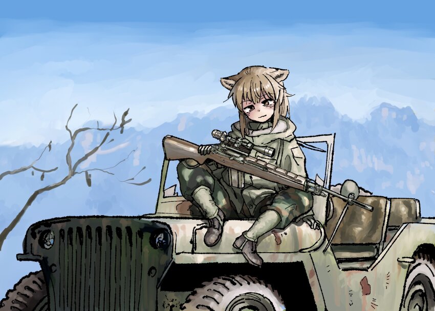 1girl, animal_ears, boots, brown_eyes, brown_hair, closed_mouth, fox_ears, fox_girl