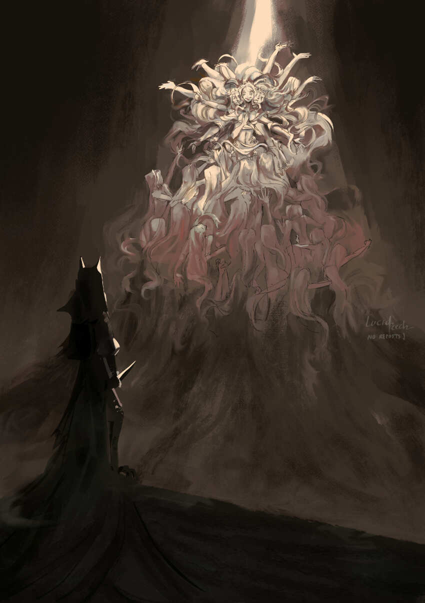 absurdres, arms_up, breasts, clone, dark_background, extra_arms, extra_faces, hagoromo, hand_on_own_chest, highres, knife, light, looking_at_another, lucidpeech, medium_breasts, monochrome, outstretched_arms, princess_(slay_the_princess), shawl, slay_the_princess, smile, spoilers, standing, the_hero_(slay_the_princess), the_shifting_mound_(slay_the_princess)