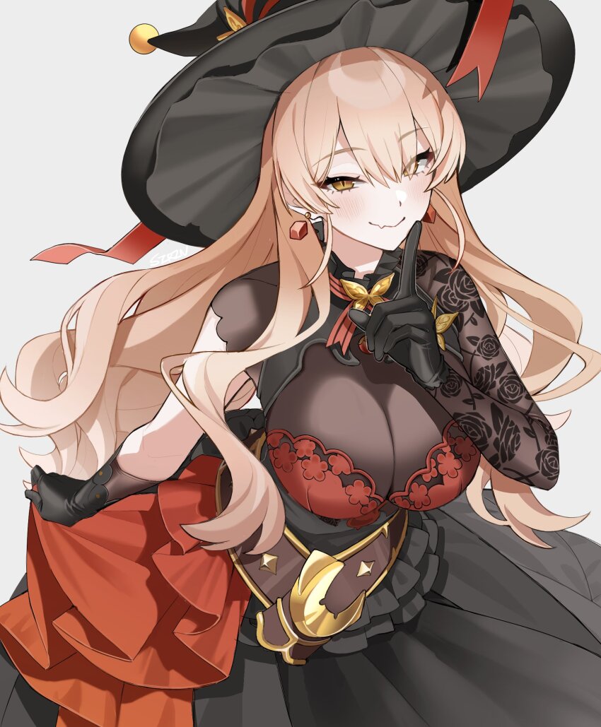 1girl, absurdres, belt, black_gloves, blonde_hair, bra, breasts, cleavage