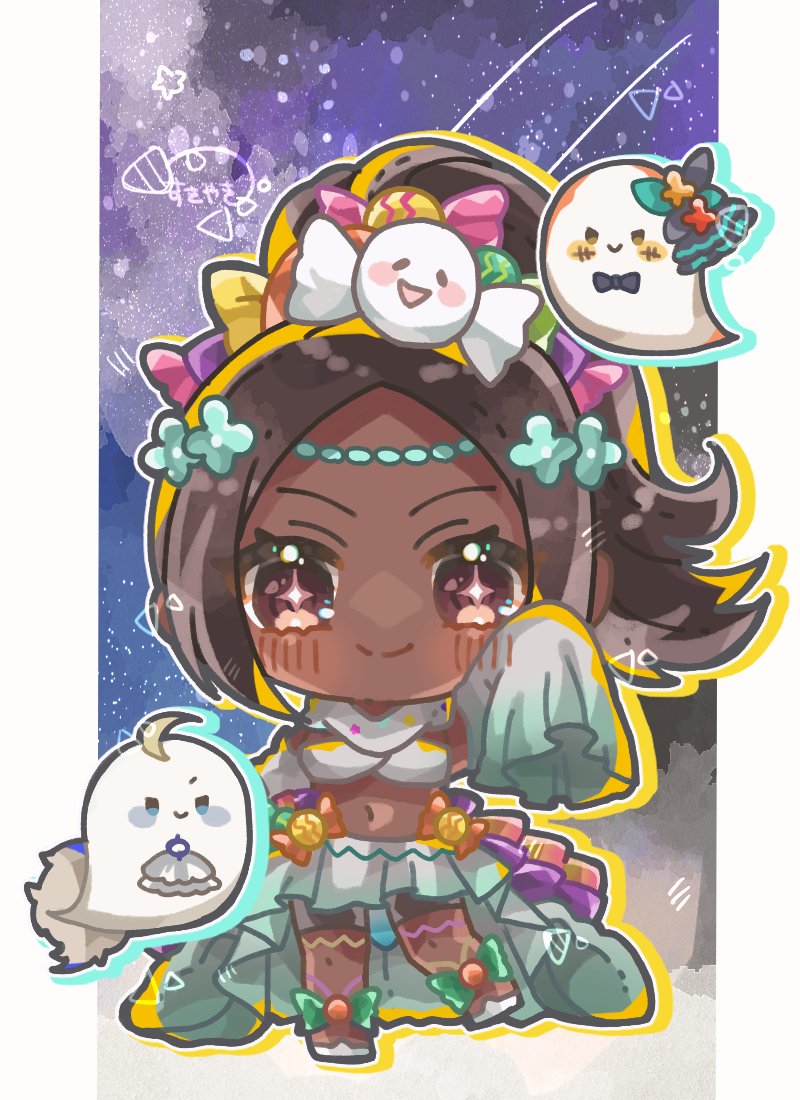 1girl, candy_hair_ornament, chibi, dark-skinned_female, dark_skin, fire_emblem, fire_emblem_engage, fire_emblem_heroes