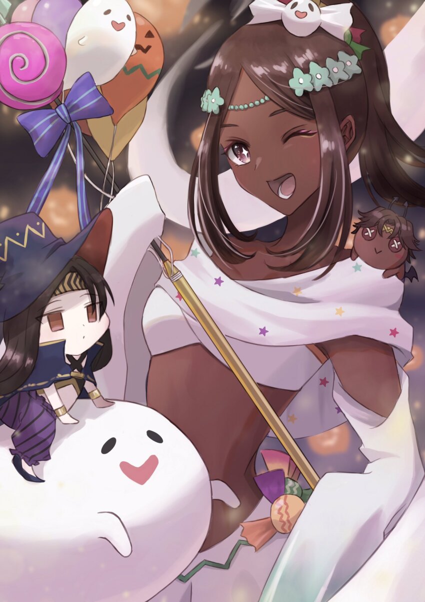 1girl, 2boys, brother_and_sister, candy_hair_ornament, dark-skinned_female, dark_skin, fire_emblem, fire_emblem_engage, fire_emblem_heroes, fogado_(fire_emblem), food-themed_hair_ornament, ghost_costume, ghost_hair_ornament, gradient_clothes, hair_ornament, halloween, halloween_costume, highres, jack-o'-lantern, long_sleeves, multiple_boys, nintendo, official_alternate_costume, seadall_(fire_emblem), seadall_(halloween)_(fire_emblem), siblings, sleeves_past_fingers, sleeves_past_wrists, solo_focus, star-shaped_pupils, star_(symbol), symbol-shaped_pupils, timerra_(fire_emblem), timerra_(halloween)_(fire_emblem), tondemoneeds, very_dark_skin