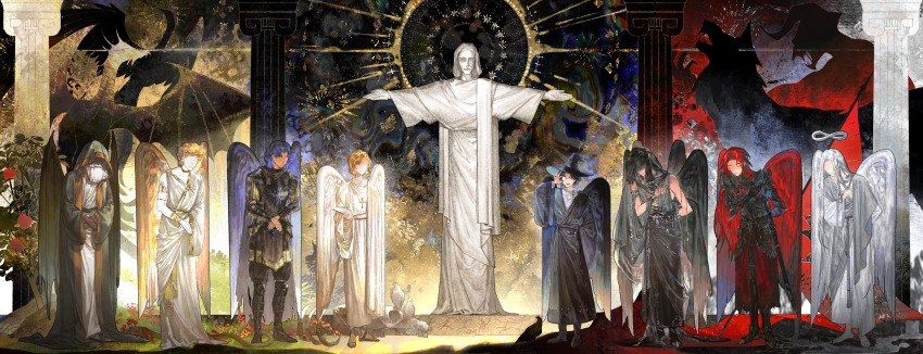 6+boys, absurdres, adam_(lord_of_the_mysteries), adjusting_eyewear, amon_(lord_of_the_mysteries), ancient_sun_god, angel, angel_wings, armlet, armor, beard, bird, black_armor, black_footwear, black_hair, black_robe, black_wings, blonde_hair, blue_hair, bone, book, bowing, bracelet, chamuwang, chinese_commentary, cloak, closed_eyes, commentary_request, cross, dove, dragon, eternal_blazing_sun, facial_hair, flower, food, fruit, god_of_knowledge_and_wisdom, green_cloak, halo, hand_on_own_chest, hat, highres, holding, holding_book, infinity_symbol, jesus, jewelry, long_hair, lord_of_storms, lord_of_the_mysteries, medici_(lord_of_the_mysteries), monocle, multiple_boys, old, old_man, open_book, open_mouth, ouroboros_(lord_of_the_mysteries), outstretched_arms, own_hands_together, partially_shaded_face, phoenix, pillar, red_hair, robe, rogues'_gallery, sasrir_(lord_of_the_mysteries), short_hair, smile, snake, spread_arms, statue, white_hair, white_robe, white_snake, white_wings, wings, wizard_hat, wolf