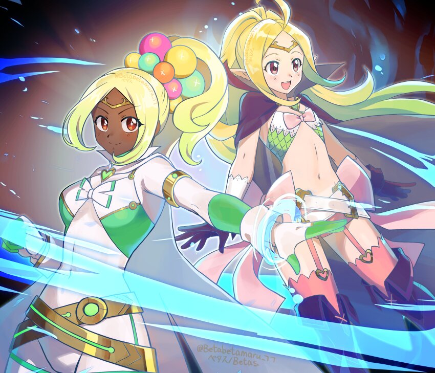 2girls, absurdres, alternate_costume, alternate_hair_color, betabetamaru, breasts, dark-skinned_female, dark_skin