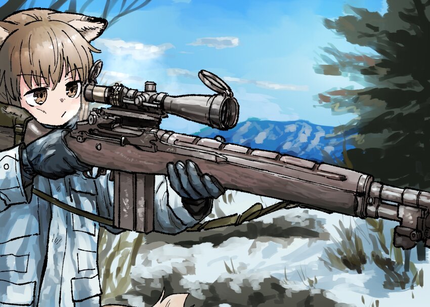 1girl, aiming, animal_ears, brown_eyes, brown_hair, closed_mouth, fox_ears, fox_girl
