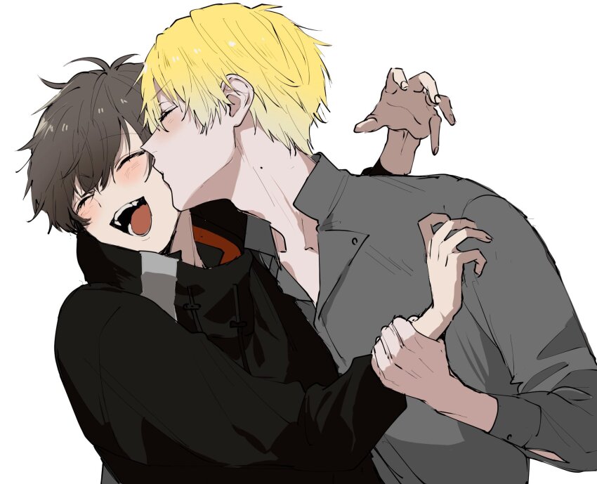2boys, :d, ^_^, alban_knox, black_jacket, blonde_hair, blush, brown_hair