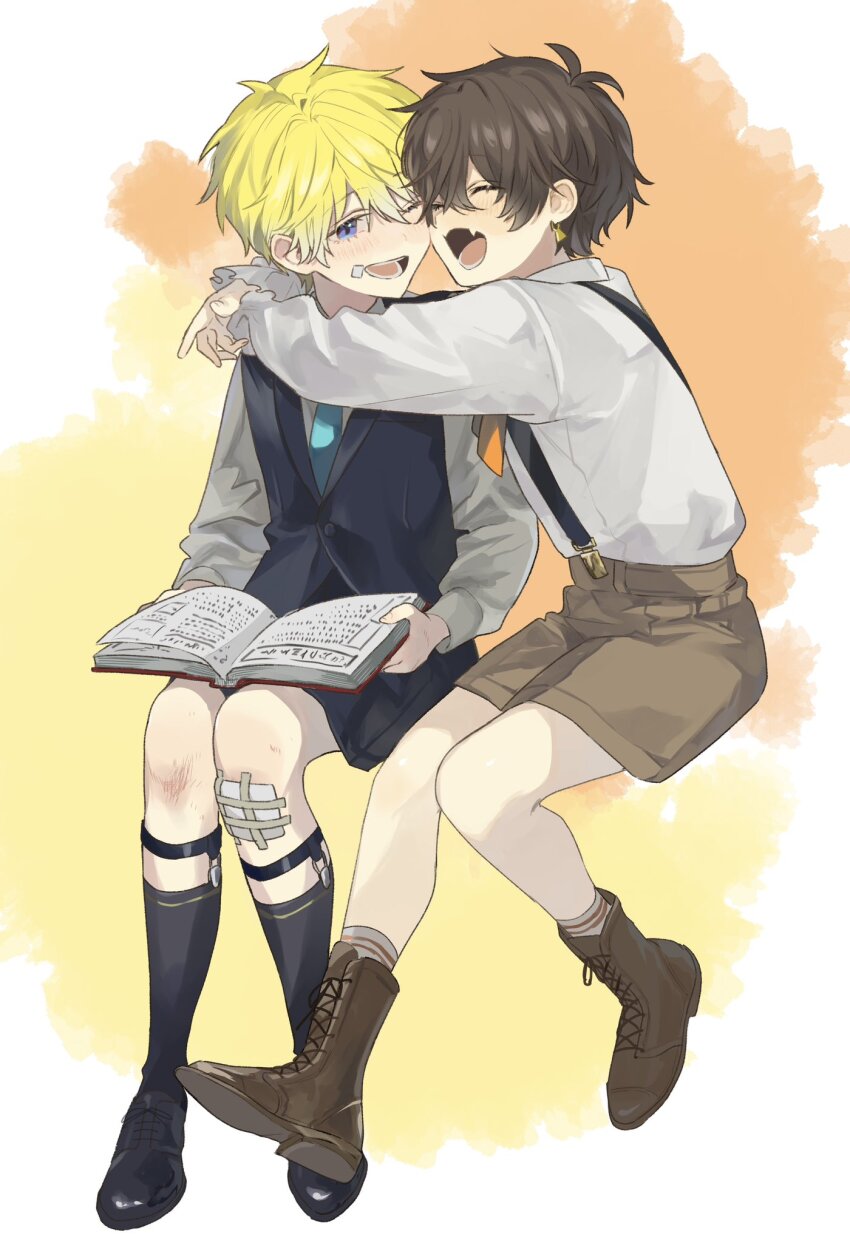 2boys, ;d, ^_^, aged_down, alban_knox, aqua_necktie, bandaid, bandaid_on_face