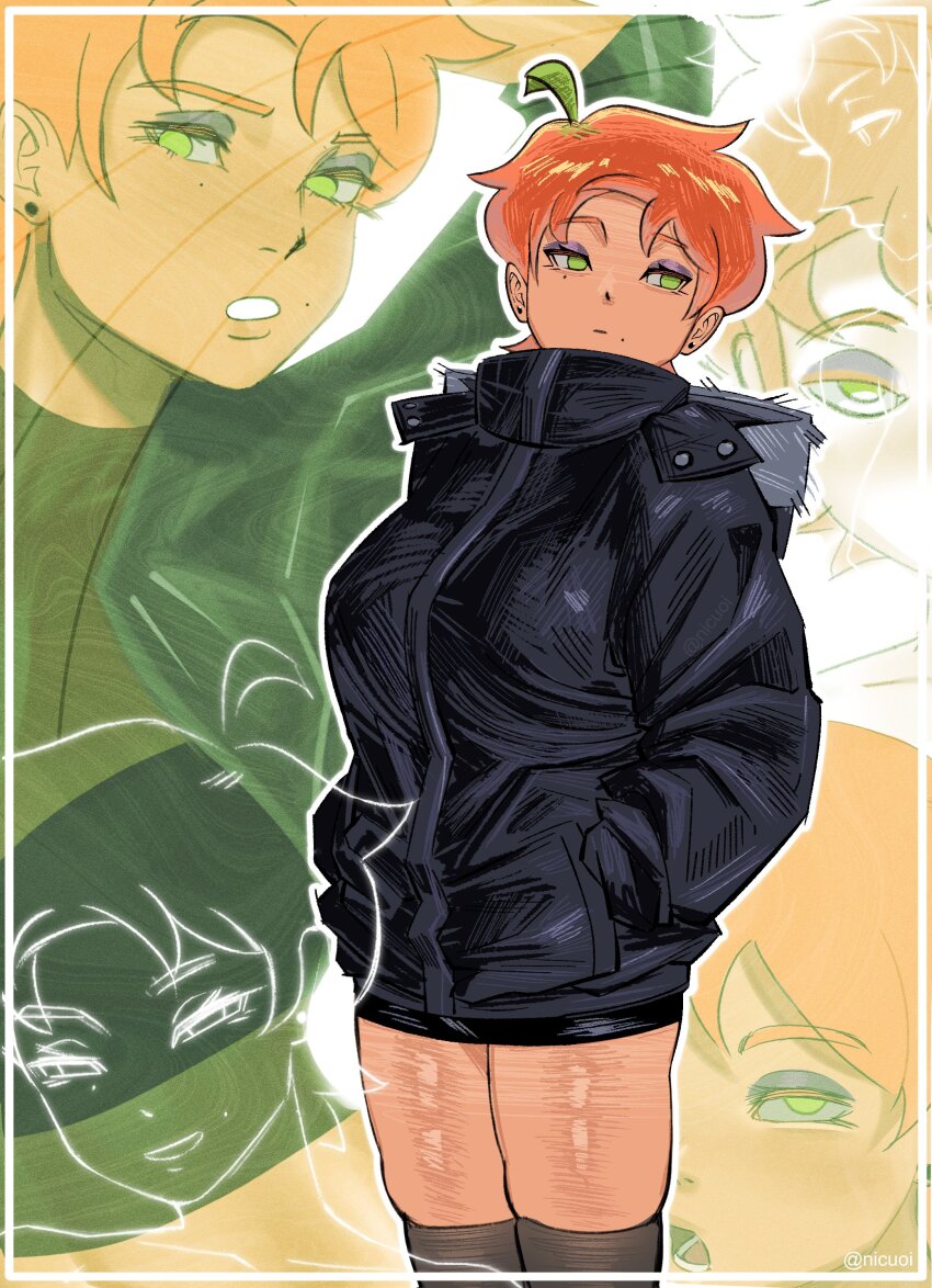 1girl, absurdres, black_jacket, black_thighhighs, breasts, commentary, earrings, green_eyes, green_hair, hands_in_pockets, highres, hood, hooded_jacket, jacket, jewelry, large_breasts, mole, mole_under_eye, multicolored_hair, multiple_moles, nicuoi, orange_hair, original, skindentation, streaked_hair, stud_earrings, thighhighs, tomboy, twitter_username, two-tone_hair