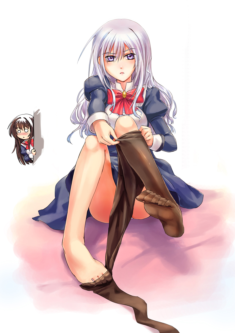 1boy, 1girl, black_hair, blue_eyes, crossdressing, dressing, feet, kisakinomiya_chihaya