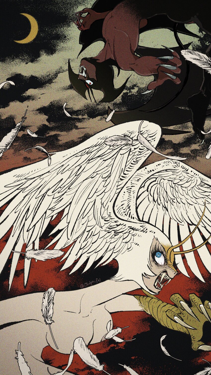 1boy, 1girl, absurdres, angel_and_devil, blue_eyes, breasts, claws, cloud, dark_skin, demon, demon_boy, demon_wings, devilman, devilman_(character), eyelashes, feather_hair, feathered_wings, feathers, half-harpy, head_wings, highres, large_head_wings, medium_breasts, monster_girl, moon, night, ohiya_ft1, open_mouth, sharp_teeth, sirene_(devilman), talons, teeth, white_feathers, wings