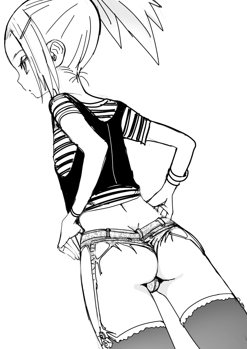 1girl, ass, denim, denim_shorts, dutch_angle, exposed_pocket, from_behind, from_below