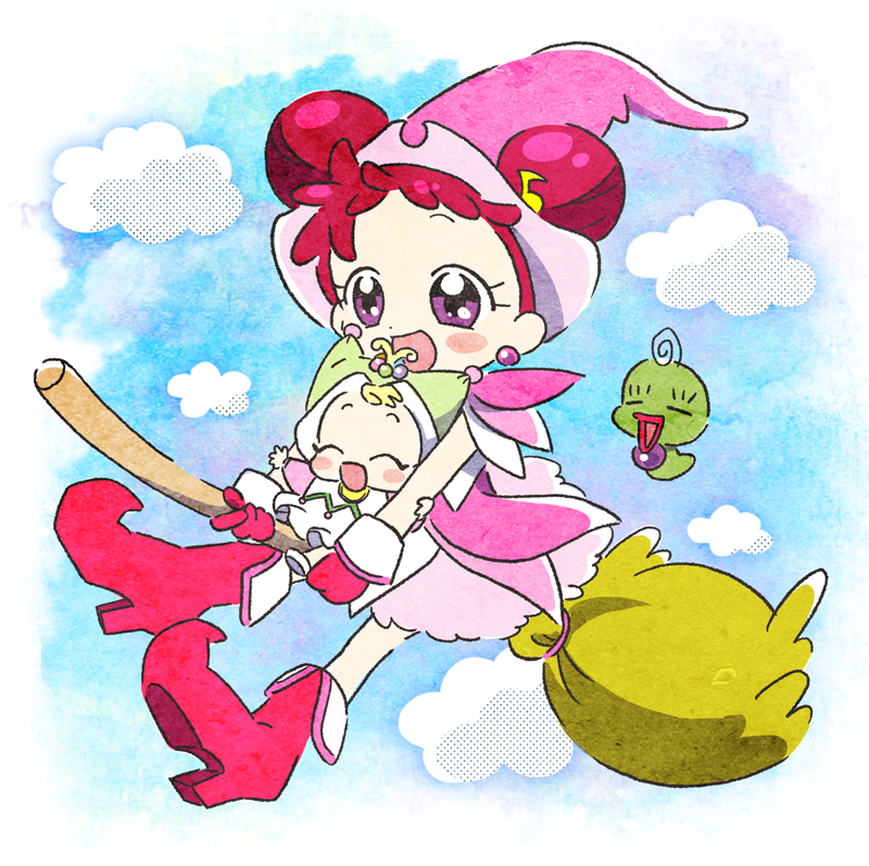 2girls, baby, blonde_hair, blush, boots, broom, broom_riding, carrying