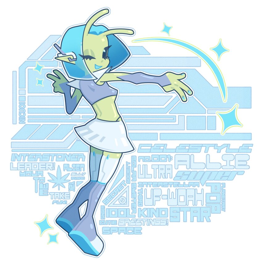 1girl, absurdres, antennae, black_eyes, blue_hair, boots, breasts, colored_skin