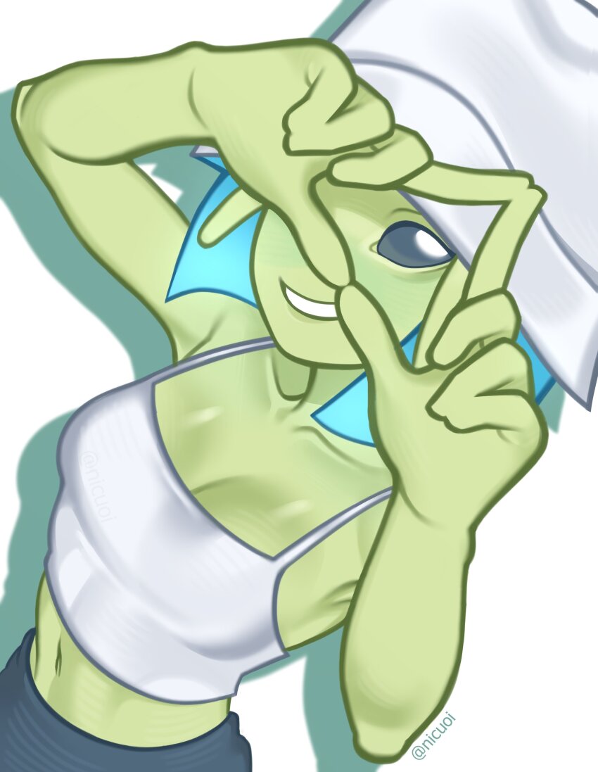 1girl, absurdres, alien, allie_(nicuoi), black_eyes, blue_hair, breasts, camisole