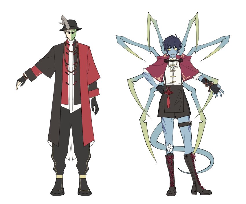 1boy, 1girl, arm_tattoo, bandage_on_knee, bead_bracelet, bead_necklace, beads, black_coat, black_footwear, black_gloves, black_headwear, black_pants, black_shorts, blue_hair, blue_skin, boots, bracelet, capelet, chinese_clothes, coat, colored_skin, demon_horns, fingerless_gloves, frown, full_body, gloves, hand_up, hat, highres, hood, hood_down, horns, jewelry, lann_(pathfinder), leg_tattoo, long_sleeves, maiucal, monster_boy, multicolored_coat, necklace, pants, pathfinder, red_capelet, red_coat, sharp_teeth, shirt, short_hair, shorts, simple_background, single_horn, sleeves_rolled_up, slit_pupils, standing, tattoo, teeth, thigh_strap, two-tone_coat, wenduag_(pathfinder), white_background, white_shirt, yellow_eyes