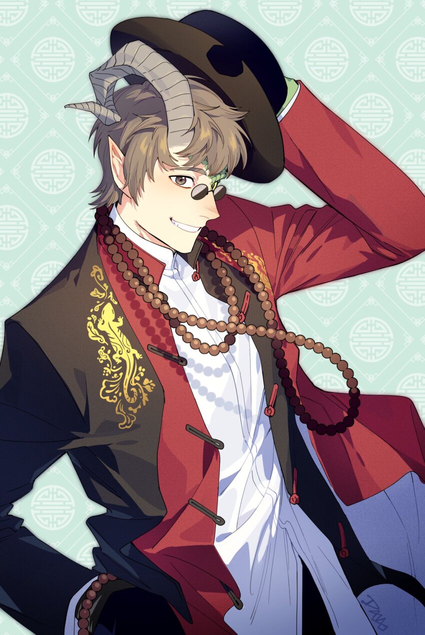 1boy, arm_up, bead_bracelet, bead_necklace, beads, black_gloves, black_hat, black_jacket