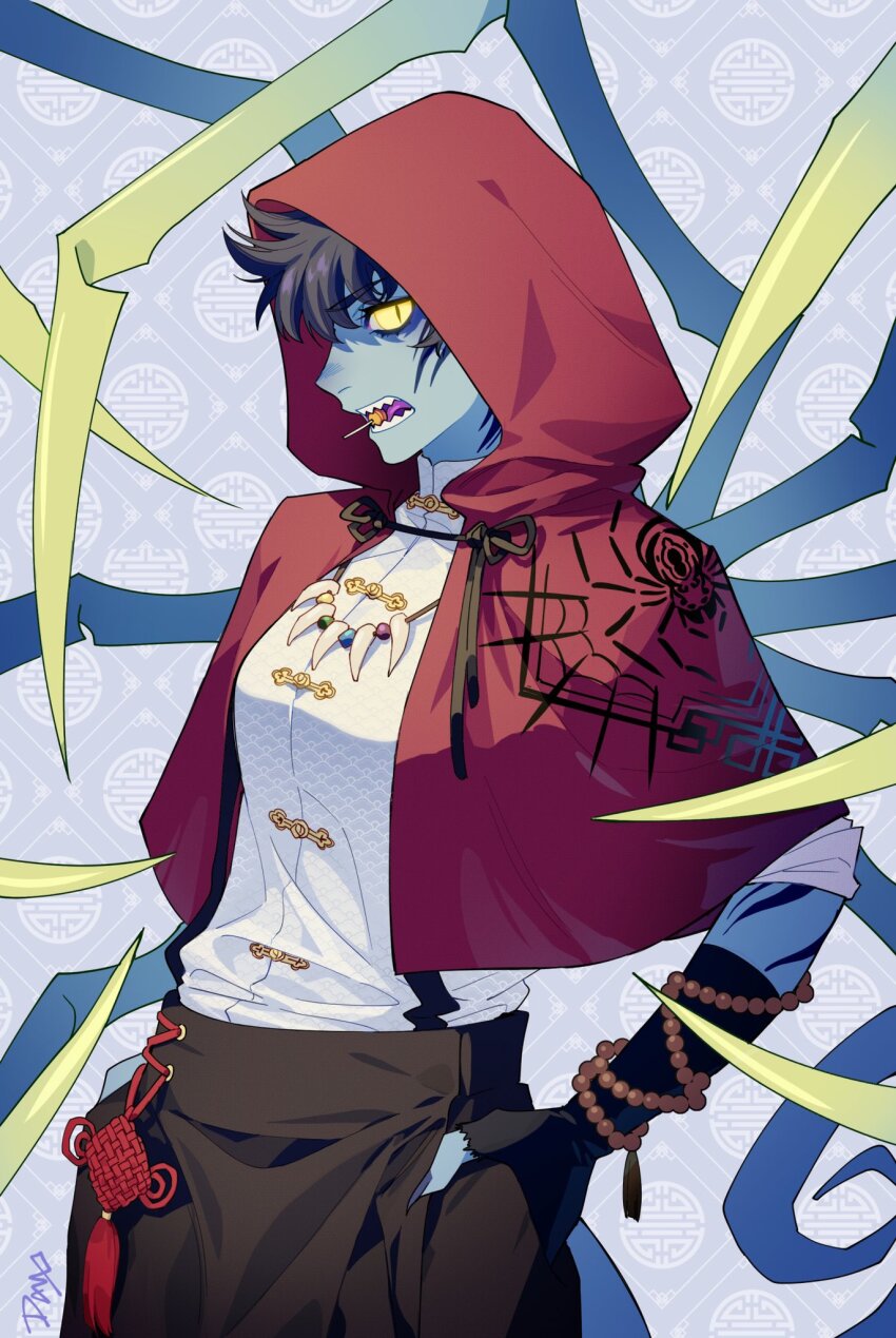 1girl, arthropod_girl, bead_bracelet, beads, black_gloves, black_hair, black_pants, blue_skin