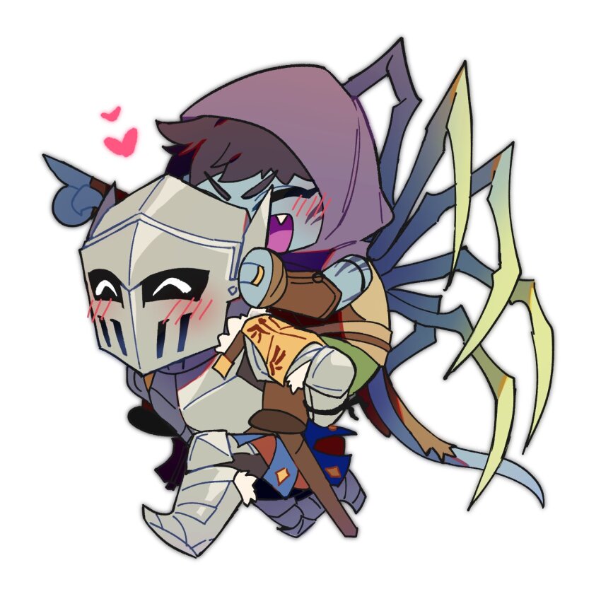 1girl, 1other, ^_^, armor, arthropod_girl, black_hair, blue_hood, blue_skin