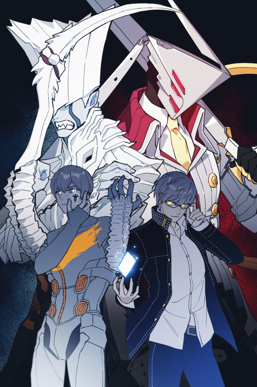 4boys, black_jacket, black_pants, blue_background, bodysuit, closed_mouth, collared_shirt, company_connection