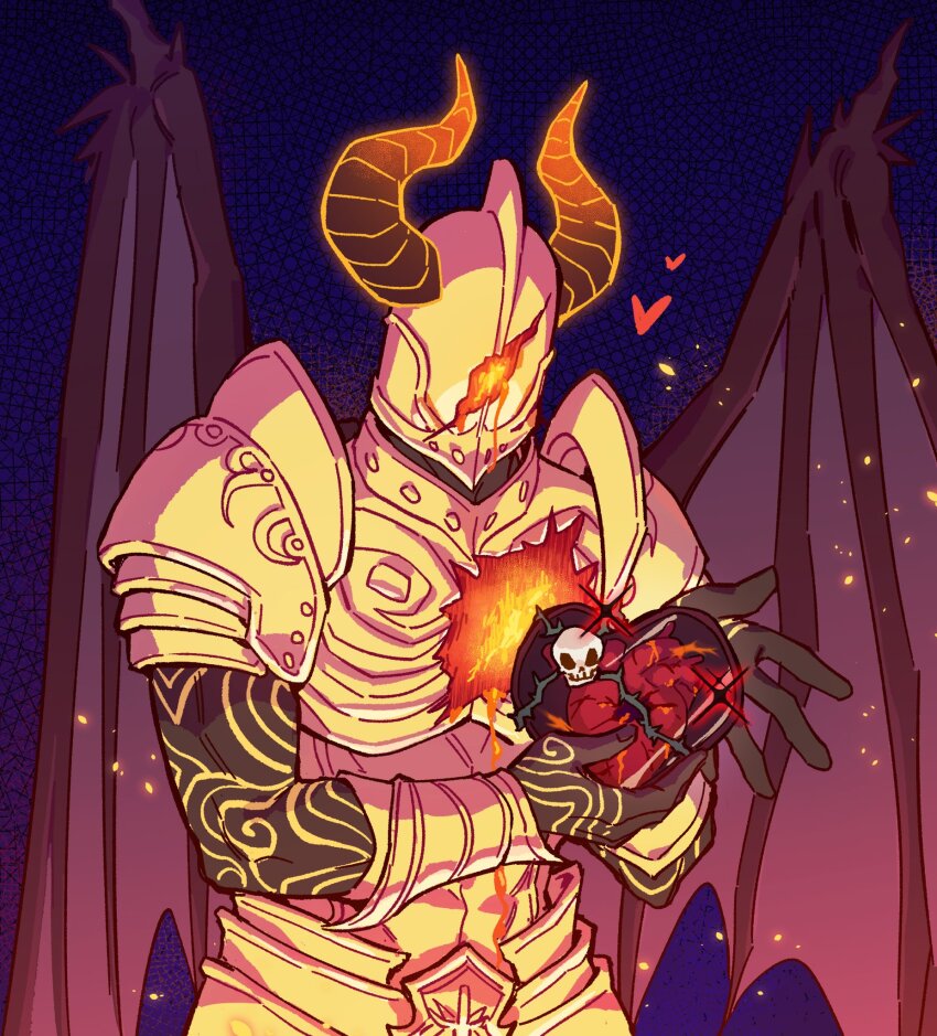 1boy, arm_tattoo, armor, black_skin, box, bracer, breastplate, colored_skin, cowboy_shot, demon_boy, demon_horns, demon_wings, hand_of_the_inheritor, heart, heart-shaped_box, helmet, highres, holding, holding_box, horns, maiucal, male_focus, pathfinder, pauldrons, purple_background, scar, shoulder_armor, solo, tattoo, wings