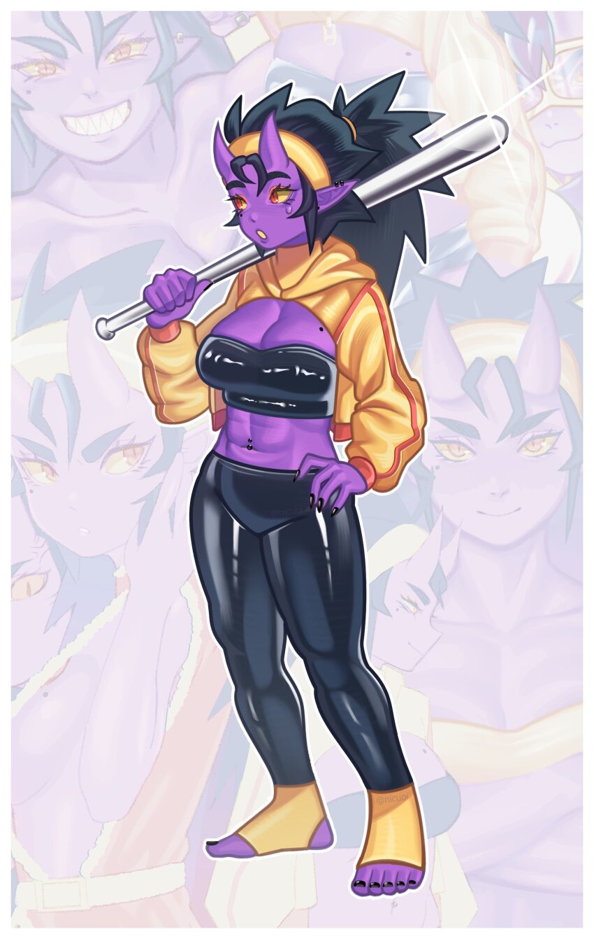 1girl, abs, absurdres, armpits, baseball_bat, black_nails, breasts, cleavage