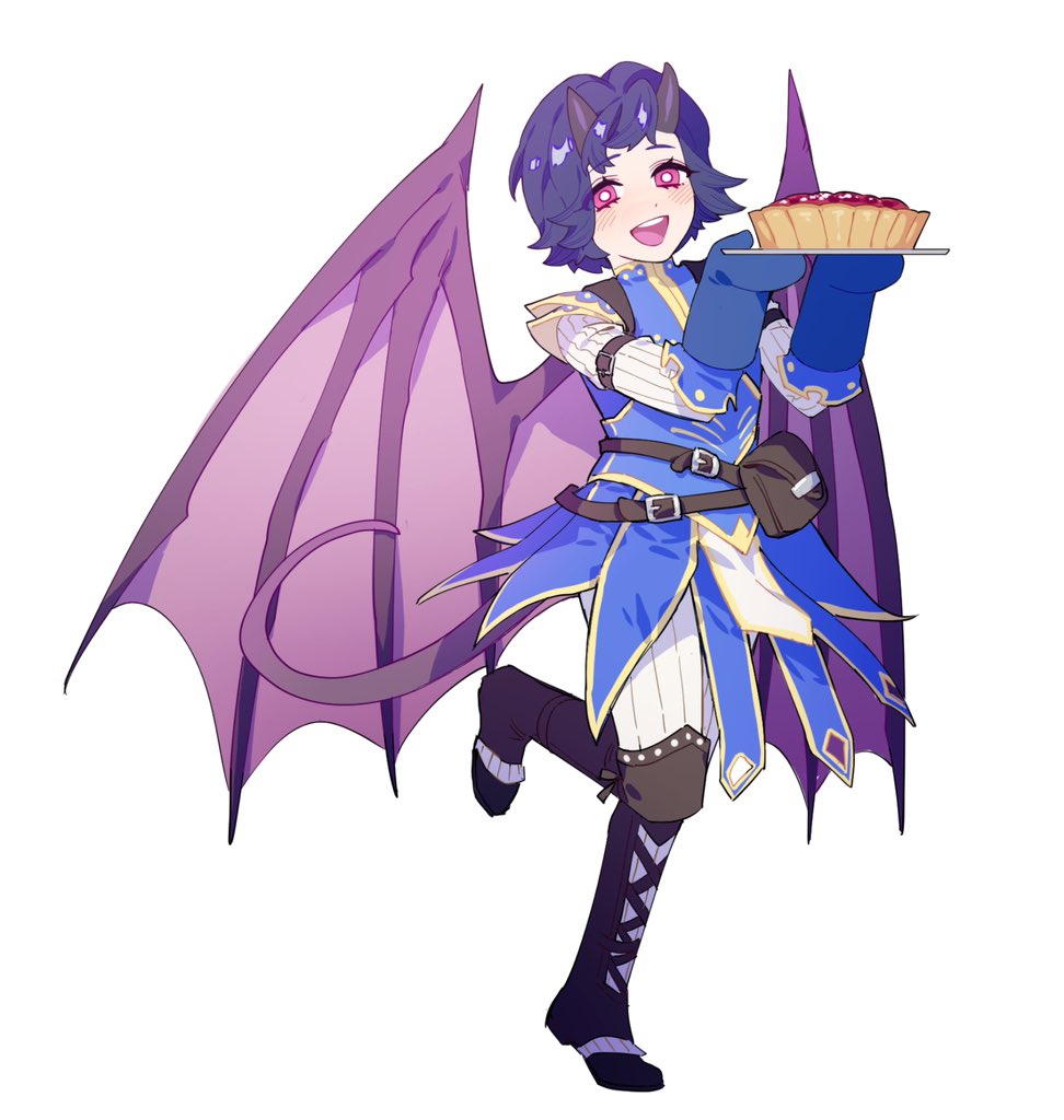 1girl, arm_strap, arueshalae, black_boots, blue_dress, blue_hair, blue_mittens, boots, demon_girl, demon_horns, demon_tail, demon_wings, dress, food, full_body, holding, holding_plate, horns, leg_up, long_sleeves, looking_at_viewer, maiucal, mittens, open_mouth, pants, pathfinder, pie, plate, red_eyes, short_hair, simple_background, smile, solo, standing, tail, white_background, white_pants, wings