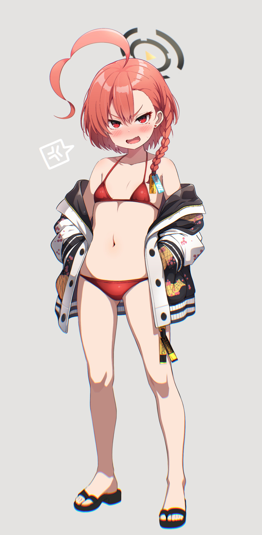 1girl, absurdres, ahoge, anger_vein, bare_shoulders, bikini, bikini_under_clothes, black_jacket