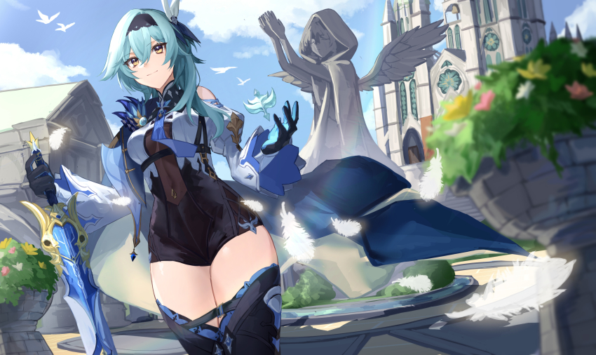 1girl, absurdres, bird, black_gloves, black_hairband, blue_cape, blue_gloves, blue_hair