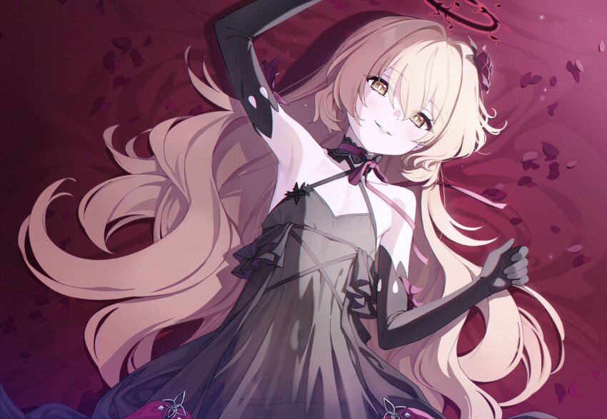 1girl, arm_up, armpits, bare_shoulders, black_dress, black_gloves, blonde_hair, blush