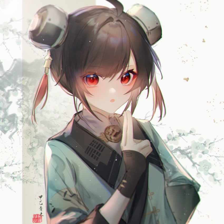 1girl, ahoge, brown_hair, coat, double_bun, eyeliner, green_coat, hair_bun