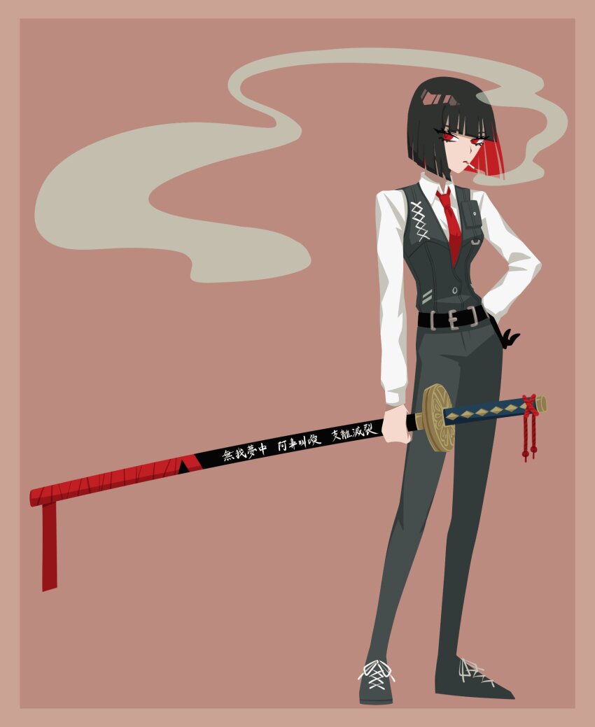 1girl, alternate_hair_color, black_hair, black_pants, black_shoes, cigarette, colored_inner_hair, commentary, full_body, highres, holding, holding_sword, holding_weapon, katana, limbus_company, looking_at_viewer, multicolored_hair, no_710, no_lineart, nose_pinch, ootachi, pants, pink_background, project_moon, red_eyes, red_hair, ryoshu_(project_moon), sheath, sheathed, shoes, short_hair, simple_background, smoke, smoking, solo, standing, sword, weapon