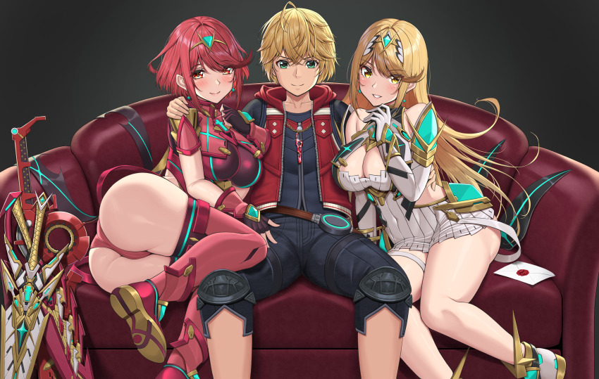 1boy, 2girls, absurdres, aegis_sword_(xenoblade), arm_around_another's_waist, arm_around_shoulder, armor, ass, bare_shoulders, black_gloves, black_shorts, blonde_hair, blue_eyes, breasts, chest_jewel, cleavage, cleavage_cutout, clothing_cutout, commentary_request, commission, core_crystal_(xenoblade), couch, dark_background, dress, earrings, elbow_gloves, fingerless_gloves, floating_earrings, gloves, highres, hood, hood_down, hooded_vest, hoodie, in-franchise_crossover, jewelry, knee_pads, large_breasts, letter, long_hair, looking_at_viewer, monado, monado_rex, multiple_girls, mythra_(xenoblade), necklace, nemunemu_semi, nintendo, on_couch, pyra_(xenoblade), red_eyes, red_footwear, red_hair, red_shorts, red_thighhighs, red_vest, short_dress, short_hair, short_shorts, shorts, shoulder_armor, shulk_(xenoblade), sitting, skeb_commission, smash_invitation, smile, super_smash_bros., swept_bangs, thigh_strap, thighhighs, tiara, two-tone_gloves, vest, white_dress, white_footwear, white_gloves, xenoblade_chronicles:_future_connected, xenoblade_chronicles_(series), xenoblade_chronicles_1, xenoblade_chronicles_2, yellow_eyes