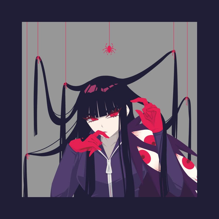 1girl, black_hair, bodysuit, bug, e.g.o_(project_moon), extra_eyes, gloves, hands_up