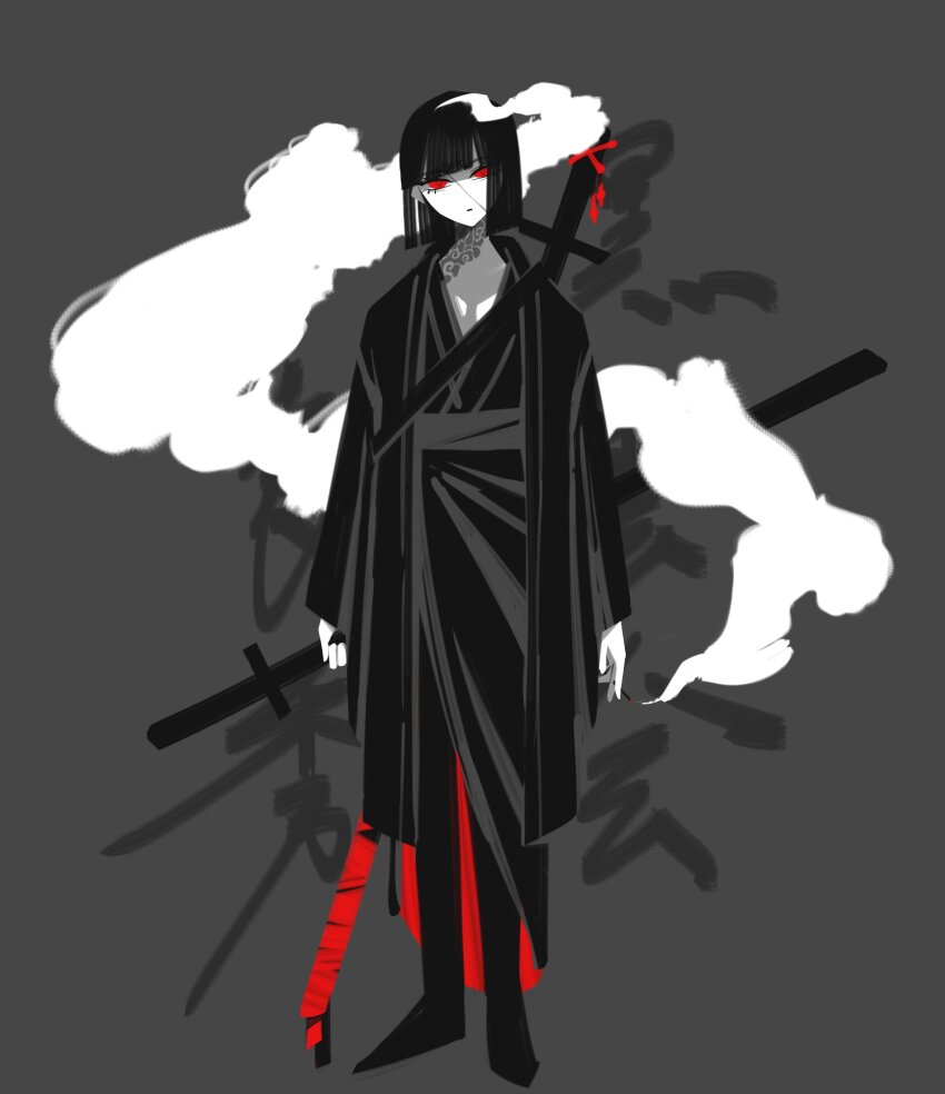 1girl, black_boots, black_coat, black_kimono, boots, cigarette, closed_mouth, coat