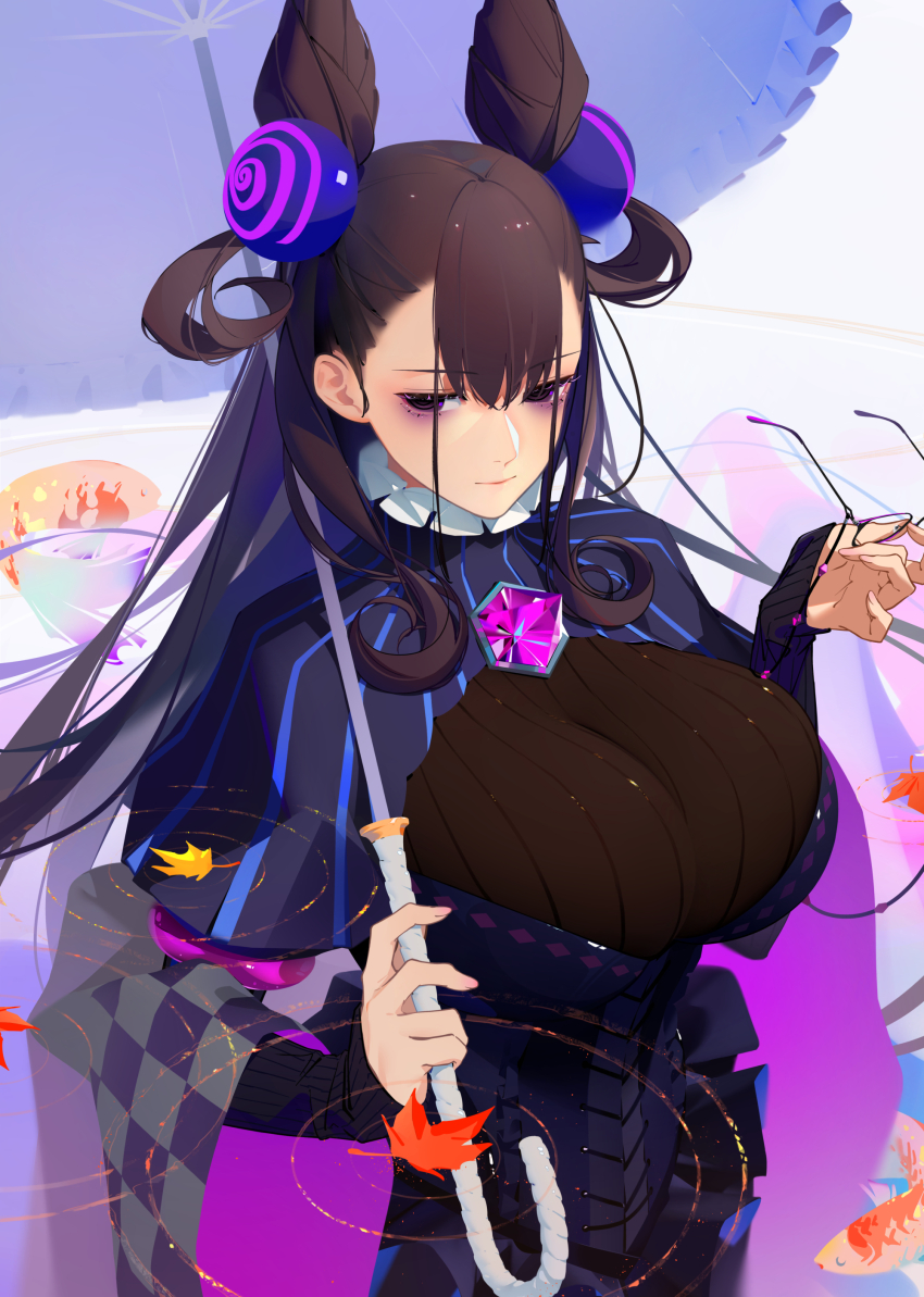 1girl, absurdres, autumn_leaves, bags_under_eyes, black_dress, breasts, brown_hair, cone_hair_bun