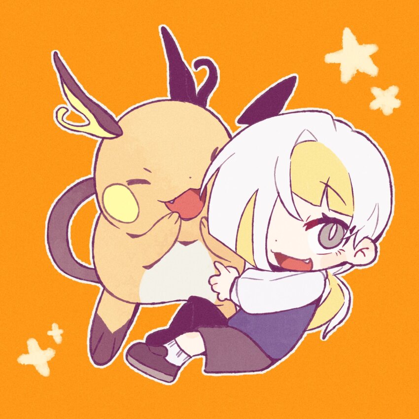 1girl, :3, black_shoes, blonde_hair, blue_sweater_vest, commentary, crossover, fang