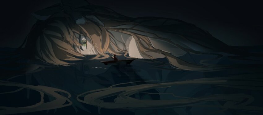 1girl, 1other, bow, dante_(limbus_company), freckles, giant, giantess, green_eyes