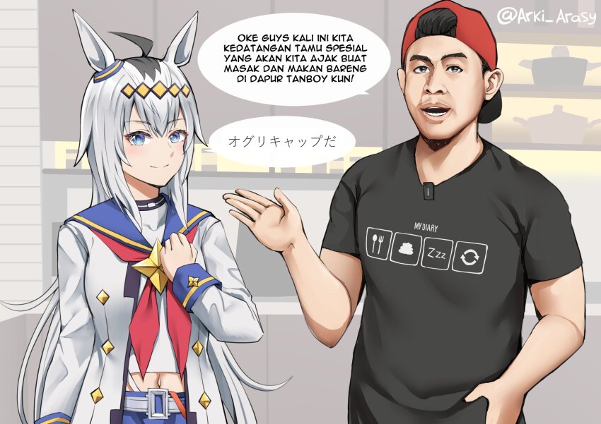 1boy, 1girl, ahoge, animal_ears, arki_arasy, backwards_hat, belt, black_shirt