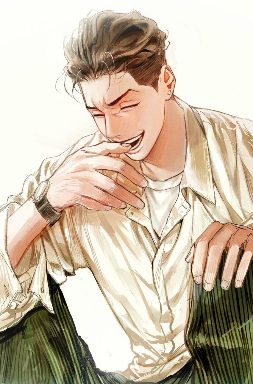 1boy, biting_own_finger, brown_eyes, brown_hair, closed_eyes, earrings, green_pants, hand_on_own_knee, highres, jewelry, kooou102, long_sleeves, male_focus, miyagi_ryouta, open_mouth, pants, shirt, slam_dunk_(series), smile, solo, stud_earrings, undercut, upper_body, watch, wavy_hair, white_shirt, wristwatch, yellow_background