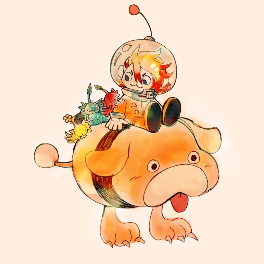 ._., 1boy, 2w46713, :3, animal_ears, axel_syrios, axelotl_(axel_syrios), blonde_hair, braid, cosplay, dog_ears, flower, flower_on_head, gloves, helmet, highres, holostars, holostars_english, leaf, leaf_on_head, looking_at_animal, male_focus, multicolored_hair, multiple_tails, nintendo, oatchi_(pikmin), open_mouth, pikmin_(creature), pikmin_(series), pikmin_4, radio_antenna, red_hair, riding, riding_animal, side_braid, sitting, space_helmet, spacesuit, streaked_hair, tail, tongue, tongue_out, whistle, white_background, white_gloves