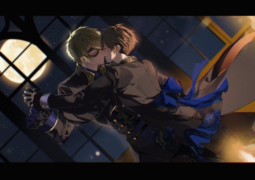 2boys, alban_knox, arm_up, back_bow, black_gloves, black_jacket, blonde_hair, blue_bow