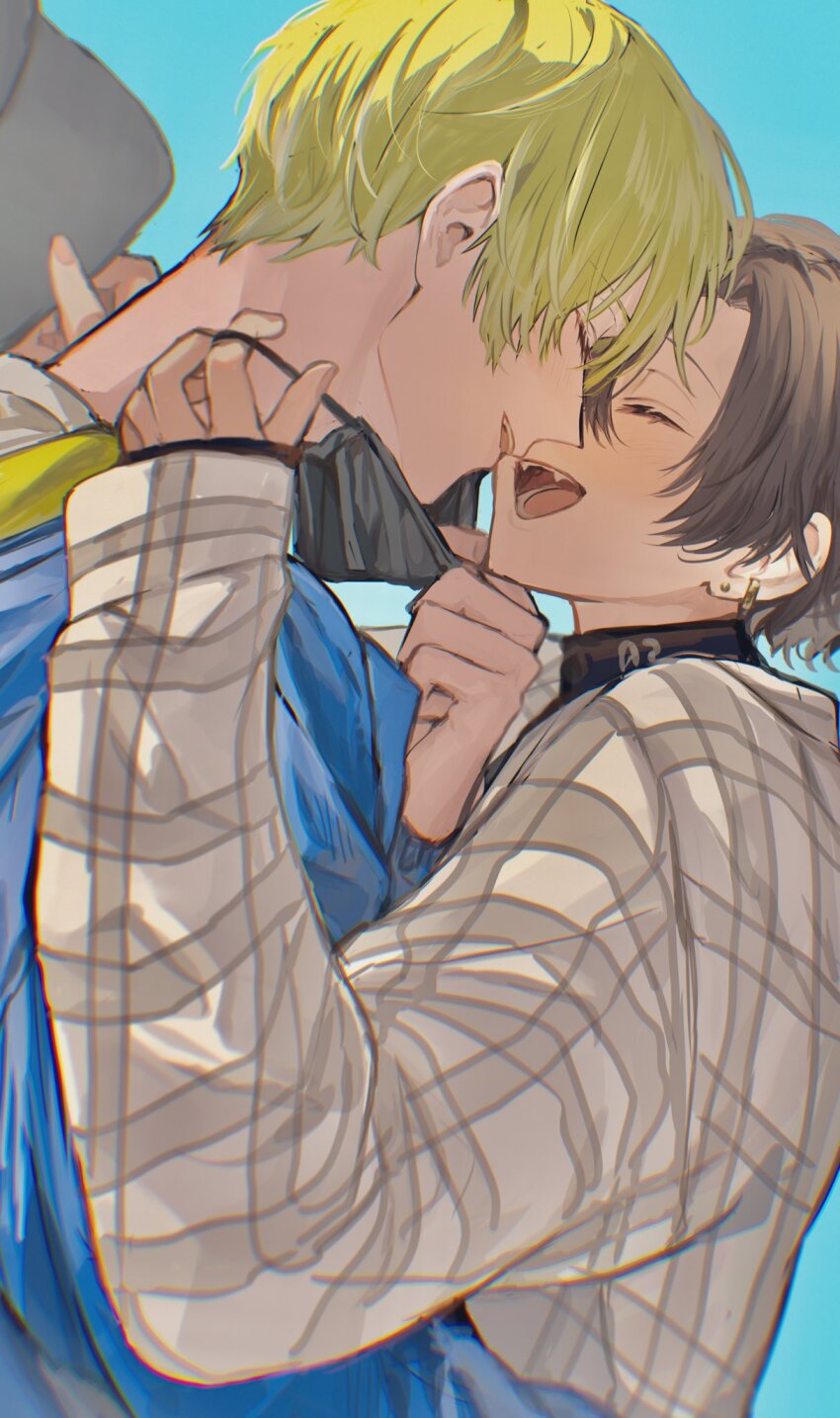 2boys, ^_^, alban_knox, alban_knox_(2nd_costume), baseball_cap, black_headwear, black_mask, black_shirt, blonde_hair, blue_background, blue_jacket, blush, brown_hair, brown_jacket, closed_eyes, commentary_request, earrings, fangs, gold_earrings, hair_between_eyes, hand_up, hands_up, hat, highres, holding, holding_unworn_clothes, holding_unworn_hat, imminent_kiss, jacket, jewelry, long_sleeves, male_focus, mask, mask_pull, mouth_mask, multiple_boys, nijisanji, nijisanji_en, official_alternate_costume, open_mouth, parted_bangs, profile, roro_(roro32b), shirt, short_hair, simple_background, sleeves_past_wrists, smile, sonny_brisko, sonny_brisko_(2nd_costume), stud_earrings, teeth, turtleneck, unworn_hat, unworn_headwear, upper_body, virtual_youtuber, yaoi