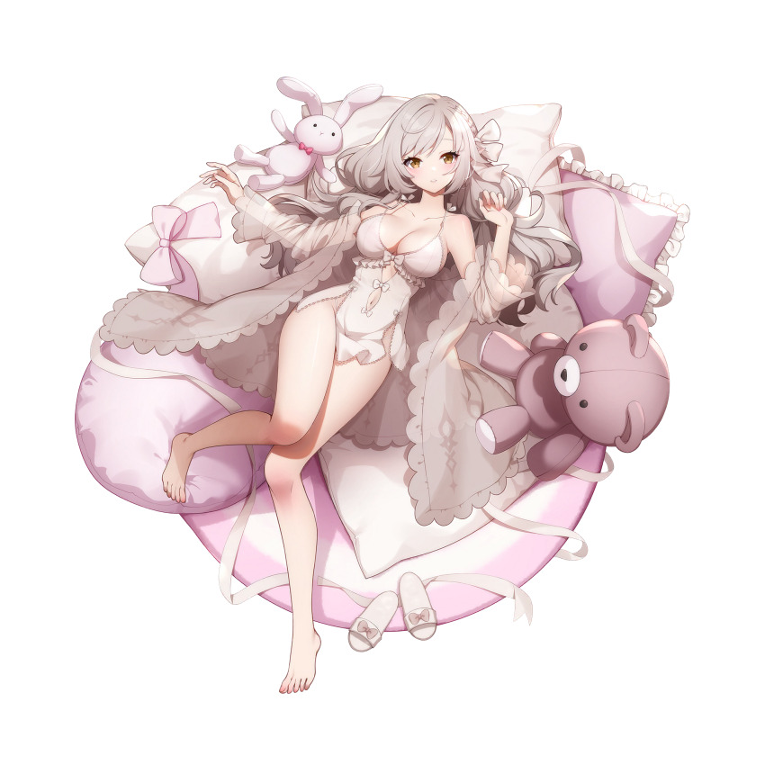 1girl, bare_legs, bare_shoulders, barefoot, bed_sheet, blush, bow, braid, breasts, brown_eyes, chemise, cleavage, clothing_cutout, coat, collarbone, dress, edith_(eversoul), eversoul, full_body, game_cg, grey_hair, hair_between_eyes, hair_bow, highres, looking_at_viewer, lying, medium_breasts, navel, non-web_source, official_alternate_costume, official_alternate_hairstyle, official_art, on_back, open_clothes, open_coat, panty_straps, parted_lips, pelvic_curtain, pillow, pink_bow, pink_dress, see-through_clothes, slippers, solo, standing, stuffed_animal, stuffed_rabbit, stuffed_toy, swept_bangs, tachi-e, teddy_bear, transparent_background, twintails