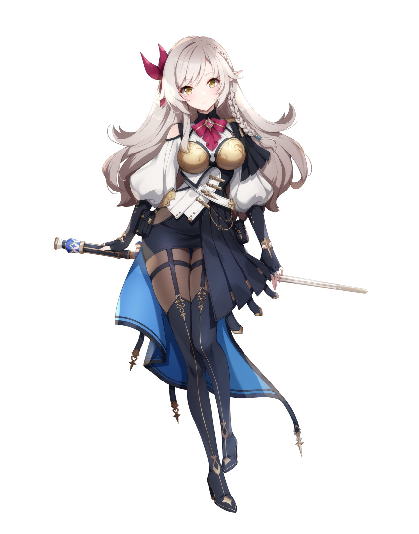 1girl, absurdres, black_gloves, black_skirt, blush, boots, bow, bowtie, braid, brown_eyes, chest_armor, clothing_cutout, edith_(eversoul), elbow_gloves, eversoul, fingerless_gloves, full_body, game_cg, garter_straps, gloves, grey_hair, hair_between_eyes, hair_bow, highres, holding, holding_sword, holding_weapon, jewelry, knee_boots, leg_up, light_smile, long_hair, long_sleeves, looking_at_viewer, official_art, pencil_skirt, pointy_ears, puffy_long_sleeves, puffy_sleeves, red_bow, shirt, shoulder_cutout, showgirl_skirt, side_braid, skirt, skirt_cutout, solo, standing, swept_bangs, sword, tachi-e, thigh_strap, thighhighs, transparent_background, waist_cape, weapon, white_shirt, wing_collar