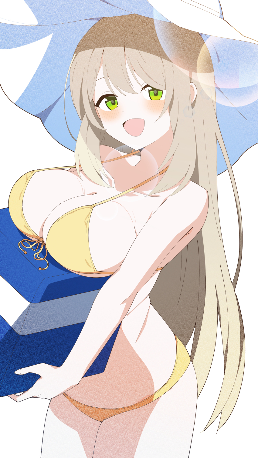 1girl, absurdres, asagisui, bikini, blue_archive, blush, breasts, cleavage, commentary_request, cowboy_shot, front-tie_bikini_top, front-tie_top, green_eyes, halterneck, hat, highres, holding, large_breasts, lens_flare, light_brown_hair, long_hair, looking_at_viewer, nonomi_(blue_archive), nonomi_(swimsuit)_(blue_archive), official_alternate_costume, open_mouth, simple_background, smile, solo, standing, sun_hat, swimsuit, white_background, white_hat, yellow_bikini