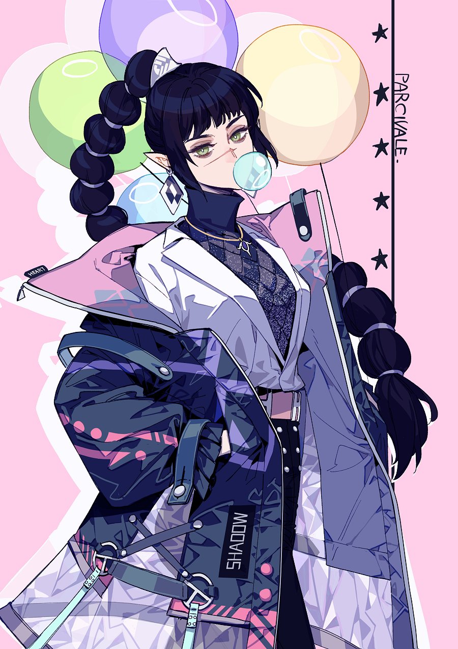 1girl, alternate_costume, argyle_clothes, argyle_sweater, artist_name, baldur's_gate, baldur's_gate_3, balloon, belt, black_hair, black_pants, blue_coat, blue_sweater, braid, braided_ponytail, bright_pupils, chewing_gum, chinese_commentary, coat, commentary_request, contemporary, covered_mouth, cowboy_shot, drop_shadow, dungeons_&amp;_dragons, earrings, elf, expressionless, from_side, green_eyes, hands_in_pockets, highres, jewelry, long_hair, long_sleeves, looking_at_viewer, lossehelin, necklace, off_shoulder, open_clothes, open_coat, pants, pink_background, pointy_ears, scar, scar_on_face, scar_on_nose, shadowheart_(baldur's_gate), shirt, shirt_tucked_in, signature, simple_background, solo, standing, star_(symbol), sweater, turtleneck, turtleneck_sweater, white_pupils, white_shirt