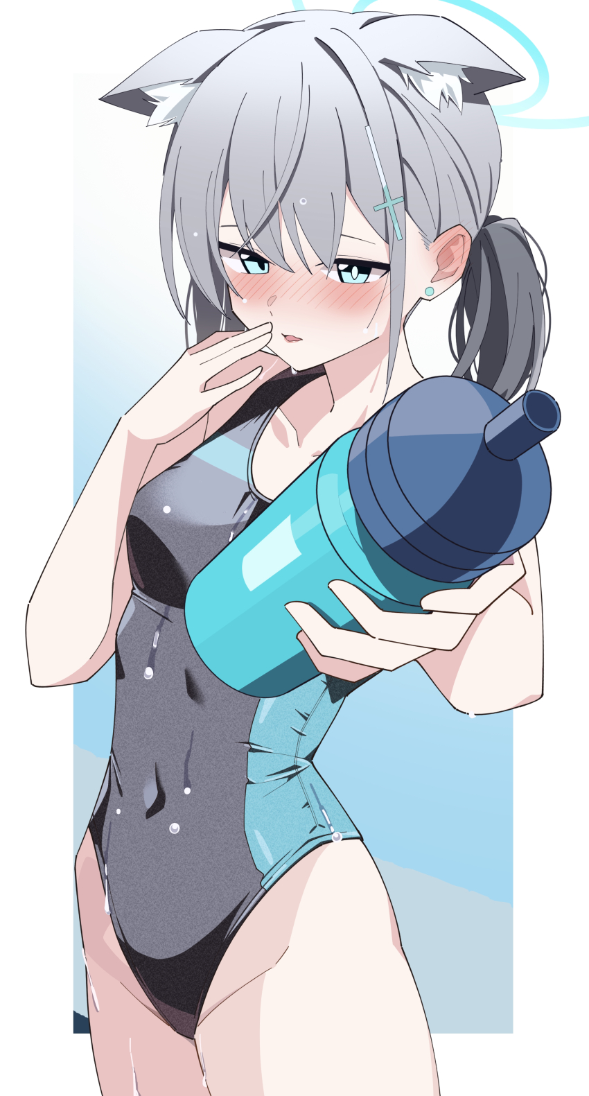 1girl, absurdres, animal_ear_fluff, animal_ears, asagisui, black_one-piece_swimsuit, blue_archive, blue_eyes